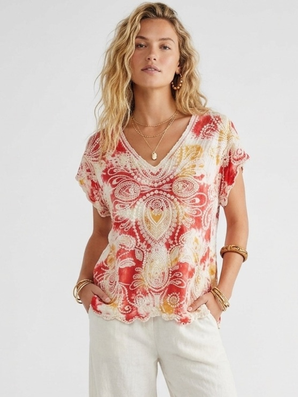 Solitaire Embroidered V-Neck Short Sleeve Top in Red, White & Gold